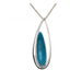 A sterling silver pendant with a turquoise stone set inside an open pear-shaped design, attached to a 1mm snake chain.