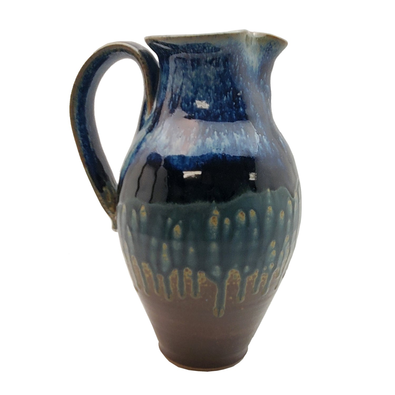 A north carolina pottery stoneware pitcher with a blue pattern .